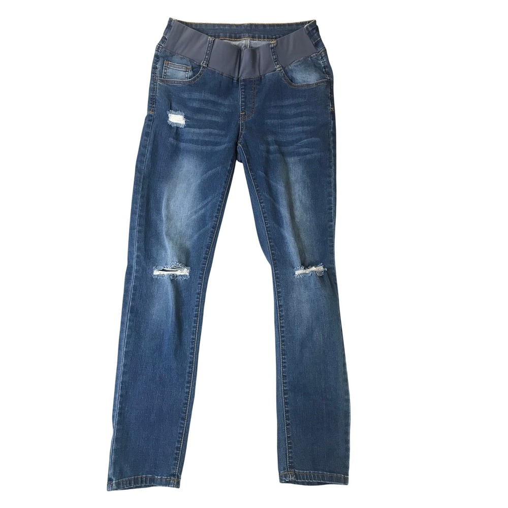 Maternity Jeans WOMEN M Blue Slim Distressed Ripped Knee Stretch Denim‎